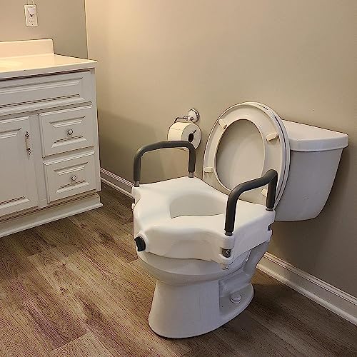 ProBasics E-Z Lock Raised Toilet Seat with Handles, 4.5" Toilet Seat Riser with Arms, Fits Most Elongated and Round Toilets, 17" Seat Width & Height, 19.25" Width Between Arms, White