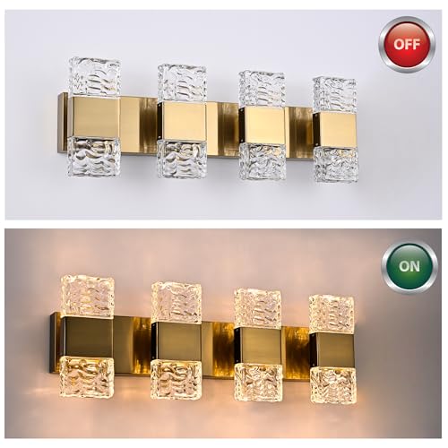 MELUCEE 4 Lights Bathroom Vanity Light Fixtures 3000K Warm Lighting | 23.6 in Modern LED Vanity Lighting Fixture Brass Crystal Vanity Light Bar 32W LED Wall Mounted Lamp Above Mirror Sink - color: Brass, size: 4 Lights