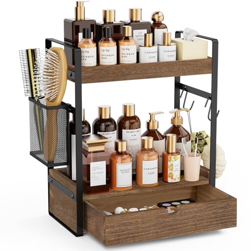 2-Tier Bathroom Counter Organizer with Drawer Basket and Hooks, Wood Bathroom Organizers and Storage for countertop, Farmhouse Dark Brown Countertop Organizer, Counter Shelf for Vanity Kitchen Office - color: Dark Brown With Basket
