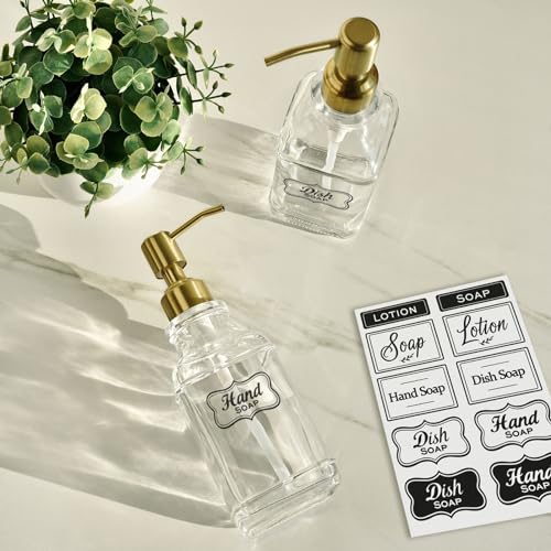 JASAI Antique Square Glass Soap Dispenser with Golden Rust Proof Pump, Refillable soap Dispenser with 10Pcs Stickers for Kitchen, Dish Soap Dispenser for Kitchen Bathroom Soap, Hand soap, Lotion. | Refillable Kitchen Soap Dispenser with Stainless Steel, D