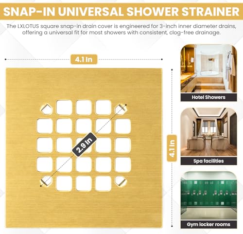 4-1/4” Square Snap-in Brushed Gold Shower Drain - Durable Replacement - 4.25 inch Durable Floor Cover -Snap-in Prongs - Easy Installation Universal Grate Stainer - color: Brushed Gold
