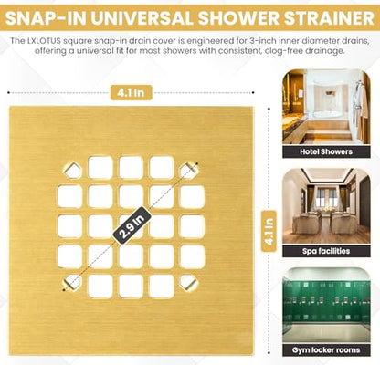 4-1/4” Square Snap-in Brushed Gold Shower Drain - Durable Replacement - 4.25 inch Durable Floor Cover -Snap-in Prongs - Easy Installation Universal Grate Stainer - color: Brushed Gold