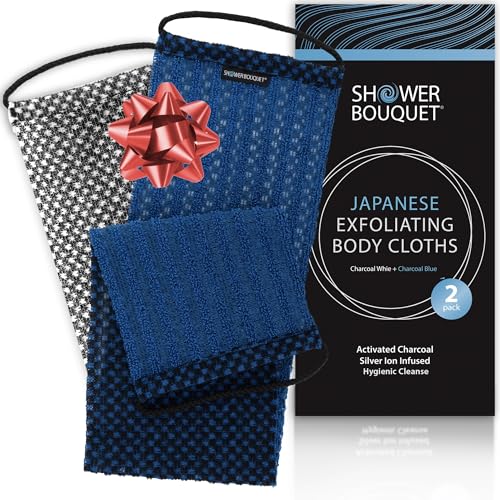 SHOWER BOUQUET Japanese-Exfoliating-Washcloth 2-Pack Charcoal & Silver Ion | Exfoliating Towel & Handles | 2-Sided Gentle Exfoliation & Deep Cleansing | Back & Body Wash Cloths for Shower | White + Blue - color: Charcoal Blue + Charcoal White, size: 1 Cou