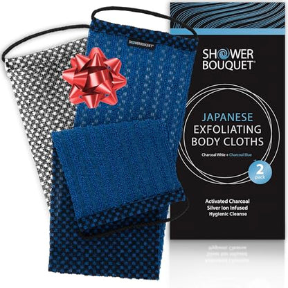 SHOWER BOUQUET Japanese-Exfoliating-Washcloth 2-Pack Charcoal & Silver Ion | Exfoliating Towel & Handles | 2-Sided Gentle Exfoliation & Deep Cleansing | Back & Body Wash Cloths for Shower | White + Blue - color: Charcoal Blue + Charcoal White, size: 1 Cou