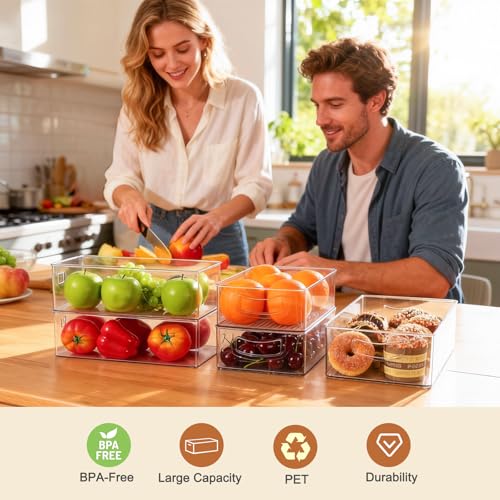 Hudgan Clear Storage Bins 8 Packs for Refrigerator, 4 Large Stackable Pantry Organizer Bins and 4 Medium Storage Plastic Containers for Home Edit, Kitchen, Freezer, Bathroom, Drawers, Shelves - size: 4L+4M