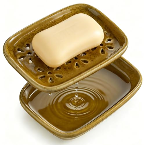 Miamolo 2 Layer Soap Dishes for Shower with Drainage, Keep Soap Bars Dry | Ceramic Bar Soap Holder Saver, Self Draining Top, Removable Drip Tray Non-Slip, Bathroom Kitchen Sink Dishwasher Safe, Yellow - color: Yellow