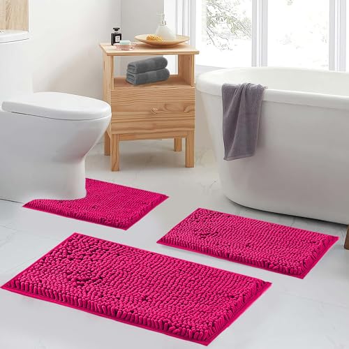 Hot Pink 2 Piece Bathroom Set Bathroom Rugs Bath Mat Set Bath Rugs | Bath Mats for Bathroom Non Slip Thick Soft Chenille Bath Rug Set, Door Mat for Kitchen/Living Room -20" x 32"/16" x 24"- - color: Rose Red