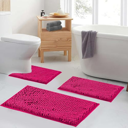 Hot Pink 2 Piece Bathroom Set Bathroom Rugs Bath Mat Set Bath Rugs | Bath Mats for Bathroom Non Slip Thick Soft Chenille Bath Rug Set, Door Mat for Kitchen/Living Room -20" x 32"/16" x 24"- - color: Rose Red