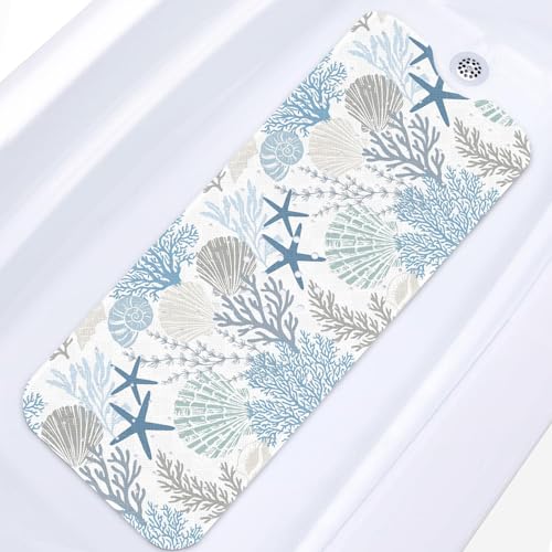 Bath Mat for Tub, Sea Shells, 40 X 16 Inch, for Bathtub | Starfish Underwater Coral Extra Long Bathtub Tub with Suction Cups and Drain Holes for Kid Adult Elderly - color: Underwater Starfish Shell