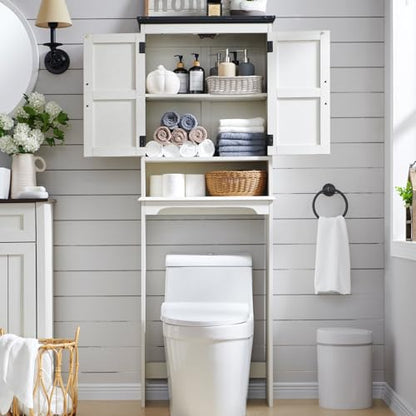 67" Farmhouse Over The Toilet Storage Bathroom Cabinet, Off White | Double Barn Doors, Adjustable Shelf, Open Cubby, Weathered Finish - color: Off White