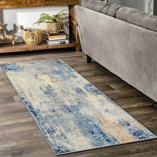 Lahome 2x4 Washable Hallway Runner Rug, Non Slip Runner Rug, Easy Clean Soft Stain Resistant Carpet for Entrance, Front Door, Door-Friendly Mat with Low Pile, 2 x 4 Blue/Ivory - color: Blue/Ivory, size: 2' x 4.3'