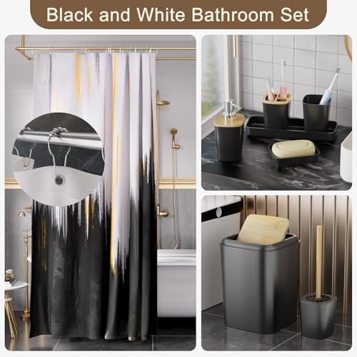 XLHOMO Black Bathroom Accessories Set - 24PCS Bathroom Sets with Shower Curtain and Rugs,Waterproof Black and White Shower Curtain Set, Toilet Brush, Trash Can & Soap Dispenser - size: Bath Set+Shower Curtain+Bath Rugs, style: Black2