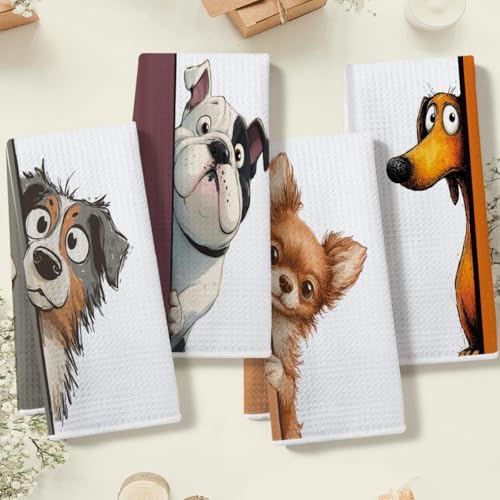 4 Pcs Funny Dog Kitchen Towels, Cute Dogs Gifts Hand Towels 14 x 24 Inches - color: Multi 0152