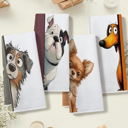 4 Pcs Funny Dog Kitchen Towels, Cute Dogs Gifts Hand Towels 14 x 24 Inches - color: Multi 0152