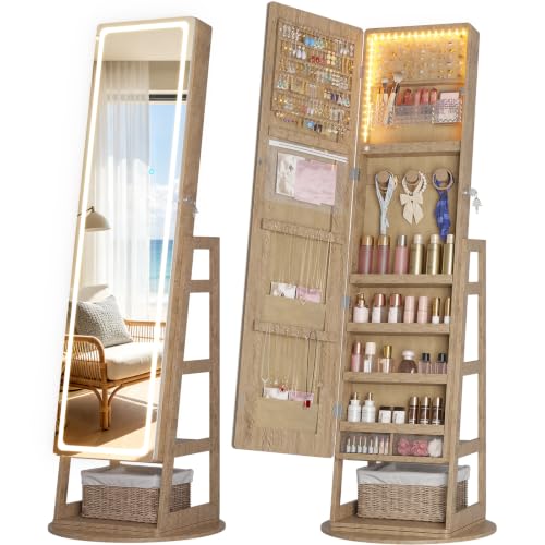 Standing Jewelry Cabinet Mirror with Adjustable LED Light Wood | 63" Lockable Jewelry Armoire Organizer with 4 Rear Shelves & Hooks, 360° Swivel, for Bedroom, Living Room, Women Girls Gift - color: Wood 1