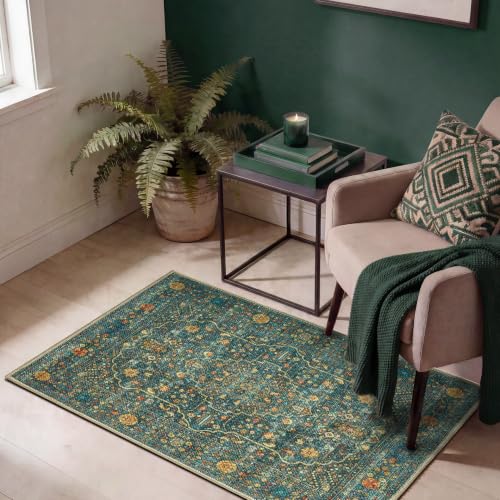 Keen Home Design Vintage Washable Entryway Rug, Non-Slip Low Pile, 2x3 | Machine washable cotton chenille, 0.25in low pile, rubber non-slip back; kitchen, entryway, bathroom, bedside - color: Green / Multicolor, size: 2' x 3' (Rectangular)