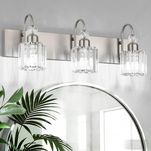 Ralbay Brushed Nickel Vanity Light for Bathroom Crystal 3-Light Modern Bathroom Light Fixtures - color: Round-Brushed Nickel, size: 3-light