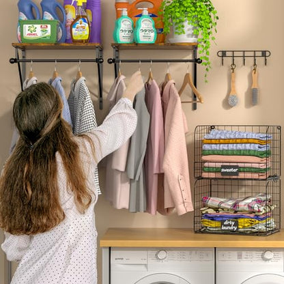 Laundry Room Shelves Wall Mounted with Wire Baskets, Over the Washer and Dryer Shelf with Clothes Drying Rack, Wire Shelves Baskets for Laundry Closet Organization and Storage, Wood+Metal, Black - color: Black