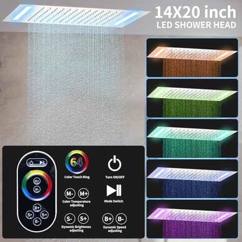 Chrome Ceiling 20x14 inch LED Shower Faucet Set,Temperature Display Thermostatic Shower Valve,Two 8-inch Wall Mounted Shower Heads and Handheld - color: Chrome