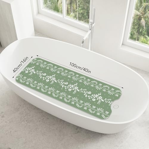 SHUCHING Green Bath Mat for Tub Non Slip-40x16 Inch, Flower | Bathtub Mat for Women & Elderly Mold Free, Long Shower Mat for Inside Shower with Suction Cup, Machine Washable - color: Green
