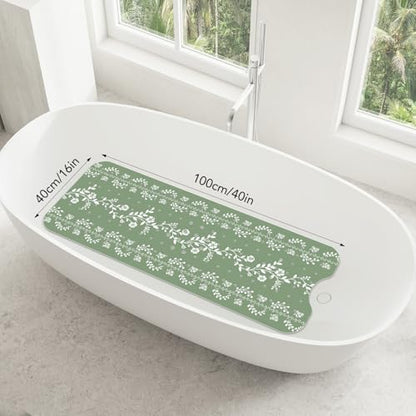 SHUCHING Green Bath Mat for Tub Non Slip-40x16 Inch, Flower | Bathtub Mat for Women & Elderly Mold Free, Long Shower Mat for Inside Shower with Suction Cup, Machine Washable - color: Green