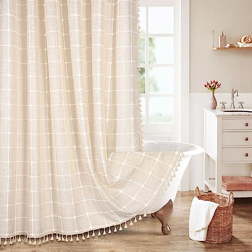Boho Farmhouse Classic Plaid Linen Tassel Shower Curtain Cream,72x78 | Long Tall,310GSM Linen Blend Heavy Duty Cloth,3-side Tassels,Wrinkle Resistant,Cottagecore French Rustic,Water Repellent - color: Cream, size: 72"W x 78"L (Pack of 1)