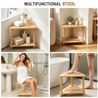 2-Tier Bamboo Corner Shower Caddy, Multifunctional Shower Stool Storage Shelf for Bathroom Kitchen Bedroom
