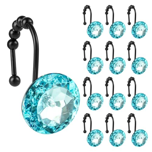 Sunlit Luxury Design Round Teal Blue Diamond Crystal Gem Bling with Glide Balls Shower Curtain Hooks, Rust Proof Metal Rhinestones Glam Shower Curtain Rings with Black Hooks, Set of 12 - color: Teal With Black Hooks