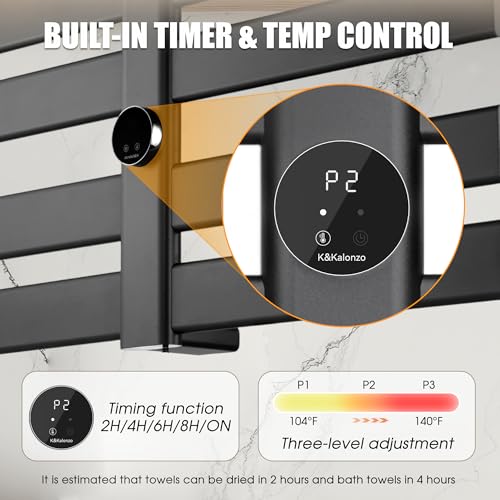 K&KALONZO Electric Towel Warmer Wall Mount Heated Rack Timer, 8-Bar,Black | Fast Heat in 2 Min, 3 Heat Levels, Anti-Scald, NTC Safety, Plug-in/Hardwired Aluminum Towel Warmer for Bathroom - color: Black, size: 8-Bar