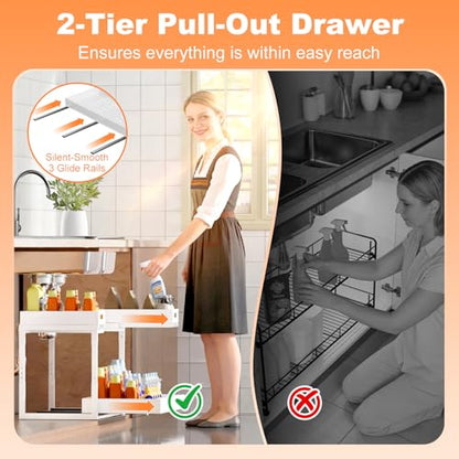 Upgrade 1 Pack Expandable Under Sink Organizer: 2-Tier Pull Out Cabinet with 3 Heavy-Duty Ball-Bearing Slide Rails, Tool-Free Height Adjustable, Slide-Out Drawers for Kitchen, Bathroom, Laundry - size: 1 Pack 15”-25”