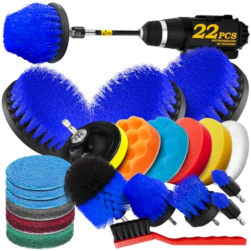 Holikme 22Piece Drill Brush Attachment Set - Power Scrubber Cleaning Kit | Buffing Sponges, Nylon Grout Tools, Microfiber Wax Pads, Tile Bathtub Shower Floors Kitchen Car Interior Detailing, Blue - color: Blue