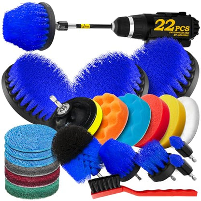 Holikme 22Piece Drill Brush Attachment Set - Power Scrubber Cleaning Kit | Buffing Sponges, Nylon Grout Tools, Microfiber Wax Pads, Tile Bathtub Shower Floors Kitchen Car Interior Detailing, Blue - color: Blue