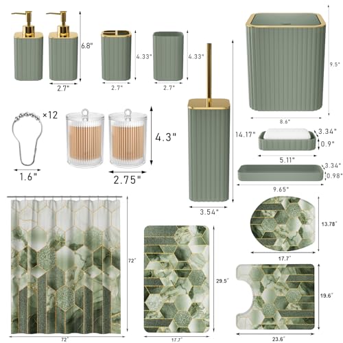XLHOMO Bathroom Set - 26PC Bathroom Set with Shower Curtain and Rugs, Bathroom Accessory Set, Sage Green Bathroom Accessories Set, Trash Can & Soap Dispenser - style: Sage Green&Gold