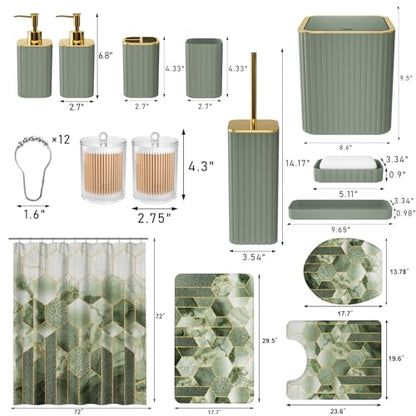 XLHOMO Bathroom Set - 26PC Bathroom Set with Shower Curtain and Rugs, Bathroom Accessory Set, Sage Green Bathroom Accessories Set, Trash Can & Soap Dispenser - style: Sage Green&Gold