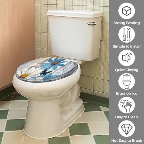 Round Resin Toilet Seat, Quietly Close Quick Release Hinges Cover | Toilet Lid Cover Easy to Clean and Install, Flower Shower Daisy Wild Rustic Floral Blue Butterfly Heavy Duty Toilet Seat - color: pattern10, size: O-shape