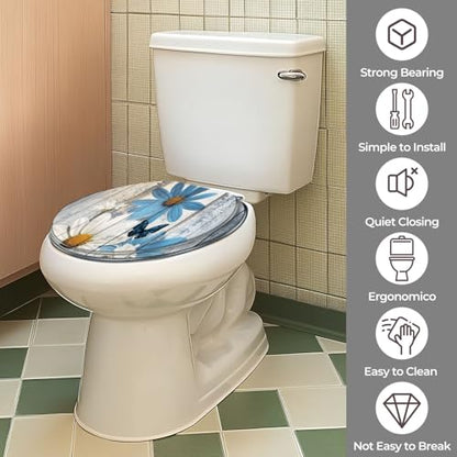 Round Resin Toilet Seat, Quietly Close Quick Release Hinges Cover | Toilet Lid Cover Easy to Clean and Install, Flower Shower Daisy Wild Rustic Floral Blue Butterfly Heavy Duty Toilet Seat - color: pattern10, size: O-shape