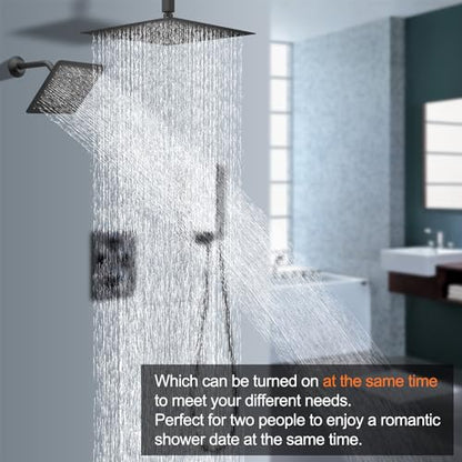 Dual Shower Heads Shower System with 16" Ceiling Mounted Rain Shower Head & 6" Wall Mounted Head Full Body Shower System 3 Way Thermostatic Shower Valve Can All Run Together, Matte Black - color: Matte Black, style: 16inch+6inch