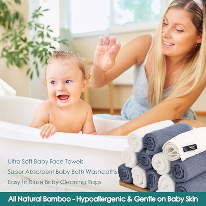Baby Washcloths 12 Pack,Super Soft Face Towels,10''x10'',White+Slate Blue | 100% Viscose,Gently Wash Face and Body,Skin Friendly,Easy Rinsed,Hanging Loop,Quick Dry,Newborn Kid Toddler Bath Shower Gift - color: White & Slate Blue, size: 10x10 inch-12 Pack
