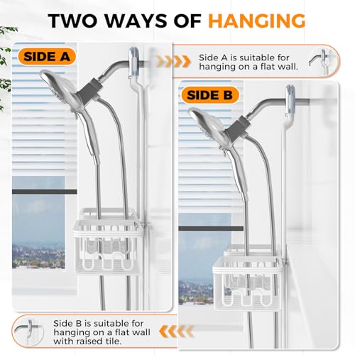 Adjustable Aluminum Shower Caddy Hanging for Handheld Showerhead, White | Rustproof Aluminum, Shower Organizer, Anti-Slip, Quick-Drain Shelf, 40lbs Capacity, Suction Cups, 8 Hooks, Razor Soap Holders - color: White