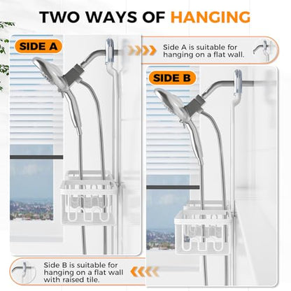 Adjustable Aluminum Shower Caddy Hanging for Handheld Showerhead, White | Rustproof Aluminum, Shower Organizer, Anti-Slip, Quick-Drain Shelf, 40lbs Capacity, Suction Cups, 8 Hooks, Razor Soap Holders - color: White