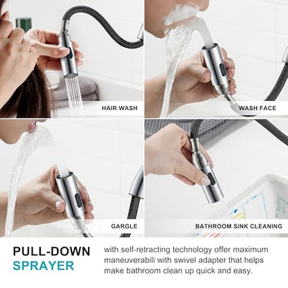 Chrome Centerset 2 Handle Pull Down Bathroom Faucet with Sprayer | Pull Out Bathroom Faucet with Pop Up Drain & Supply Lines, Lead-Free cUPC & NSF Certified, 3 Hole Faucet for Vanity RV Bar - color: Chrome