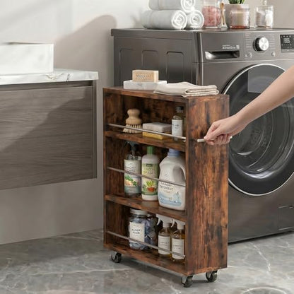 4-Tier Slim Rolling Cart with Wheels, 7.9"W Narrow Storage, Rustic Brown | 4 adjustable MDF shelves (20 lbs each), 360° casters + side handle, Fits kitchen, laundry, bathroom & dorm tight gaps - color: Brown