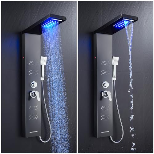 Stainless Steel Shower Panel Tower System with LED Lights, 5 in 1 Shower Panel with Rainfall Waterfall Shower Head, Body Spray, Handheld Shower, Tub Spout (Black) - color: Black - Wave Body Spray