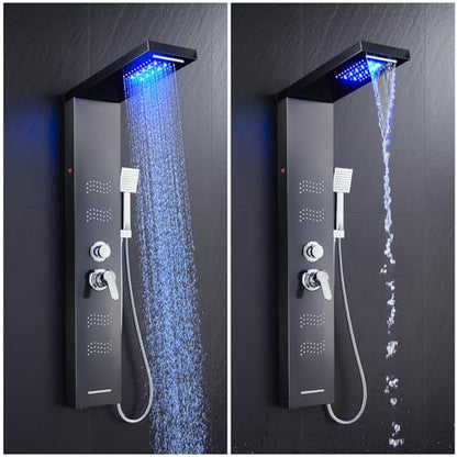 Stainless Steel Shower Panel Tower System with LED Lights, 5 in 1 Shower Panel with Rainfall Waterfall Shower Head, Body Spray, Handheld Shower, Tub Spout (Black) - color: Black - Wave Body Spray