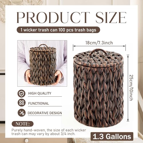 Ctosree 1.3 Gal Boho Woven Trash Can with Lid, Dark Brown | Braided polypropylene waste basket with handle and 100 garbage bags for bathroom, bedroom, office, or laundry. - color: Dark Brown, style: Round