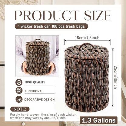 Ctosree 1.3 Gal Boho Woven Trash Can with Lid, Dark Brown | Braided polypropylene waste basket with handle and 100 garbage bags for bathroom, bedroom, office, or laundry. - color: Dark Brown, style: Round