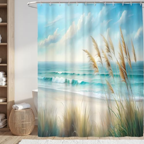 Ocean Sea Beach Shower Curtain, Coastal Sandy Shower Curtains for Bathroom, Light Blue Nature Blossom Waterproof Polyester Fabric Shower Curtain Set with Hooks, Standard Size 72 x 72 inches - color: Light Blue