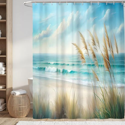 Ocean Sea Beach Shower Curtain, Coastal Sandy Shower Curtains for Bathroom, Light Blue Nature Blossom Waterproof Polyester Fabric Shower Curtain Set with Hooks, Standard Size 72 x 72 inches - color: Light Blue