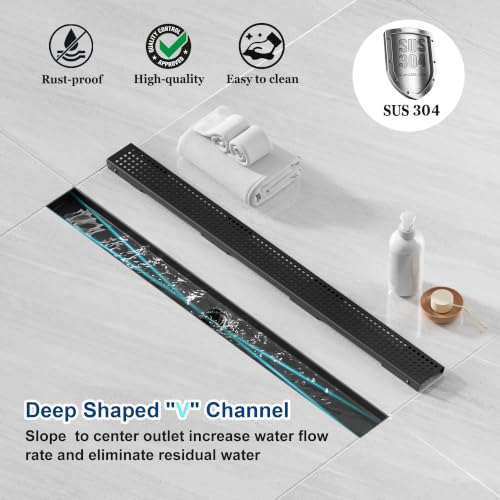 Neodrain 30" Linear Shower Drain, Matte Black 304 SS Bathroom Linear Drain | Black Shower Drain with Quadrato Grate& Adjustable Feet, Long Rectangle Shower Floor Drain in Bathroom, Balcony etc, cUPC - color: Matte Black, size: 30 In