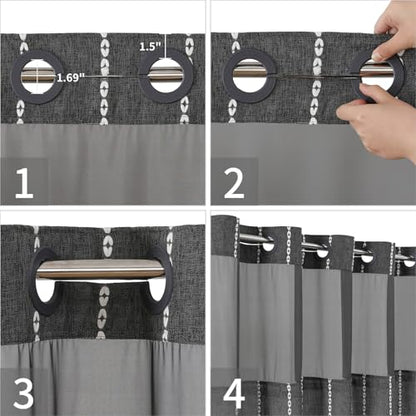 eachope No Hook Long Shower Curtain Set with Snap-in Fabric Liner,Linen Textured Thick Striped Fabric with Tassels,Boho Farmhouse Rustic Luxury Bathroom Curtain,Water-Repellent,Charcoal Grey,71x80 | 230GSM Thick Fabric,Hotel Luxury Decor,Mesh Top Window,W
